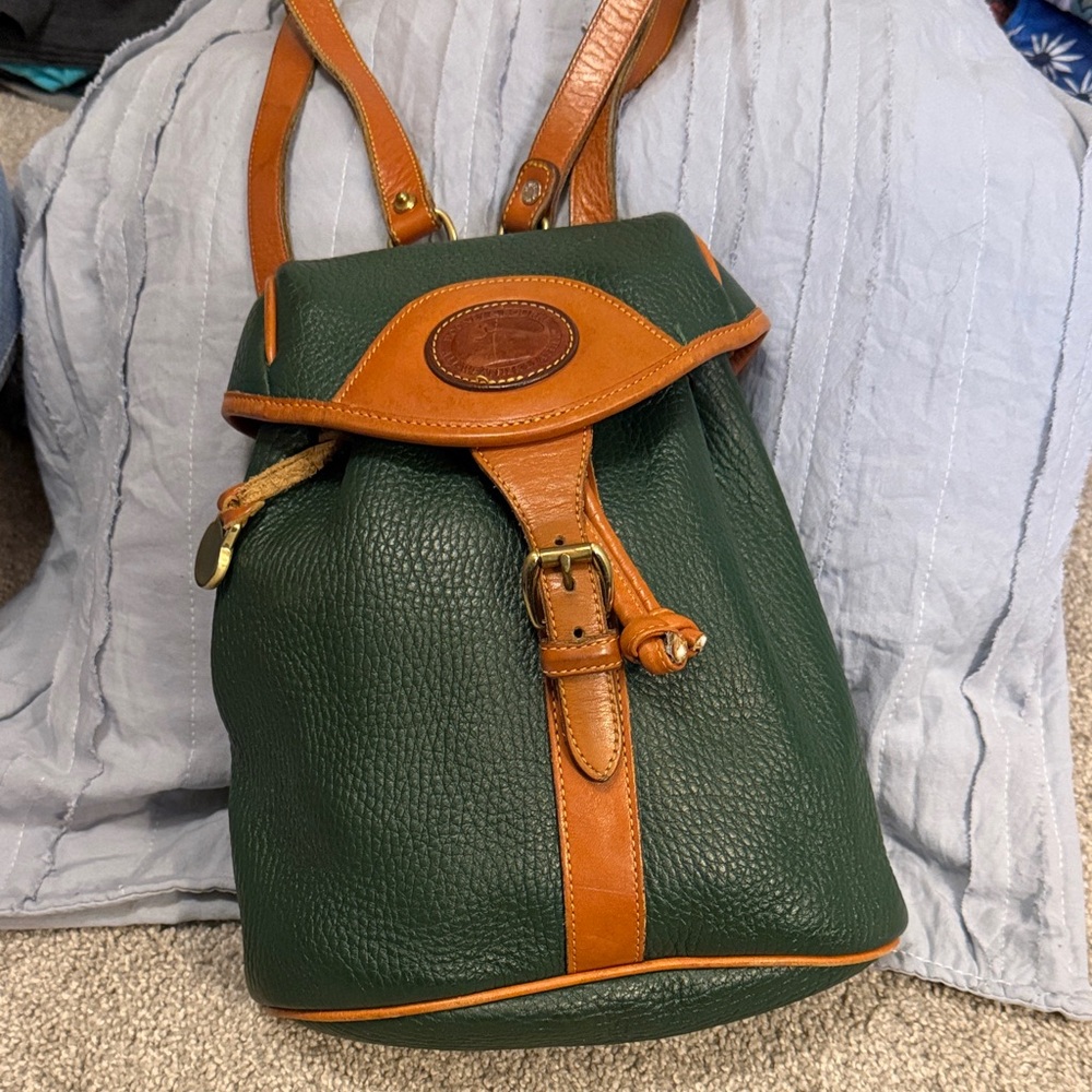 Vintage Dooney & Bourke Elegant Forest Green and Tan Leather Backpack